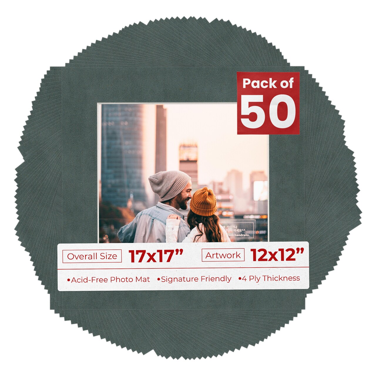 Dark Grey Suede Mat Board for 17x17 Frames - Fits 12x12 Photos